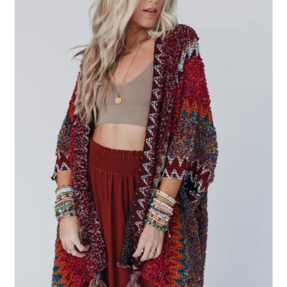 New Bohemian Crochet Ruana Knit Tasseled Cardigan Sweater Duster Wrap Blanket - Picture 2 of 9